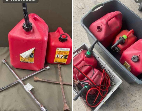 Assorted gallon gasoline containers, lug wrenches, jumper cables. 11 pieces