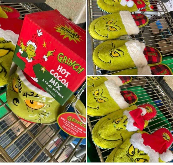 New & used items. Grinch coffee mug and assorted size slippers