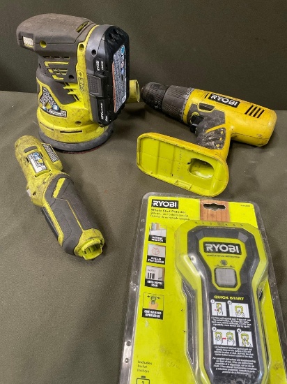 Ryobi sander with battery no charger turned on, untested drills no batteries & new whole stud
