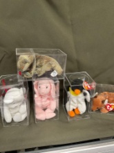 TY Beanie Babies with tags & acrylic boxes. Bear, rabbit, lizard, penguin, fox. 5 pieces