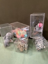 TY Beanie Babies with tags & acrylic boxes. Bat, cats, rabbit, seal, bear. 5 pieces