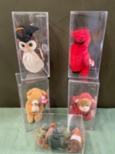 TY Beanie Babies with tags & acrylic boxes. Owl, bear, crab, bird, monkey. 5 pieces