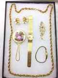 Costume jewelry lot - necklace, 2 watches, fish pendant and Limoges mirror