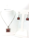 Sterling Opal and Coral pendant and earring set