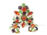 Vintage Rhinestone multicolor brooch and earrings
