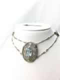 10K white gold Antique filigree necklace w/ Aquamarines and seed pearl accents