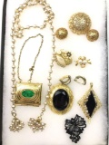 Costume jewelry collection - tiny metal purse w/chain, pearls and more