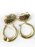14K yellow gold earring lot - feather motif and hoops