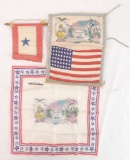 Group of 4 WW1 Items Featuring Silk Hankie, Flag, and More