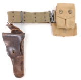 WW2 U.S. Army Ammo Belt with Leather Holster as well as 2 Pouches