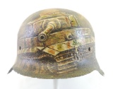 WW2 German Helmet with Original Battle Damage and Art