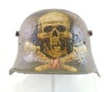WW1 German Helmet with Original War Damage and Art