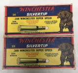 Group of two boxes of vintage Winchester silvertip 348 Winchester superspeed ammunition