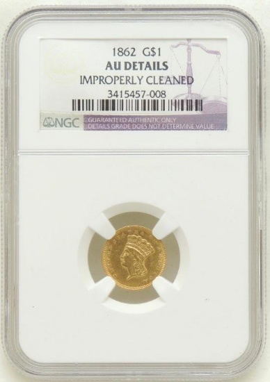 1862 Liberty Head $1 Gold Piece AU details