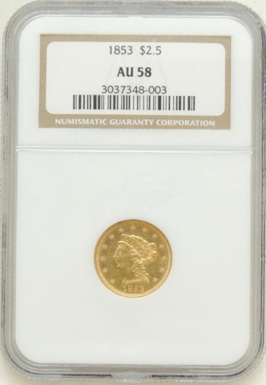 1853 Liberty Head $2.50 Gold Piece AU58