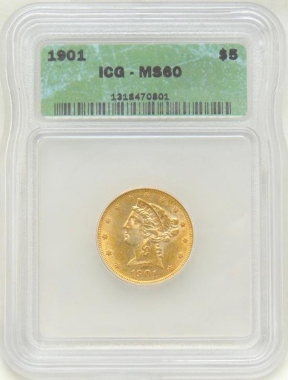 1901 Liberty Head $5.00 Gold Piece MS60