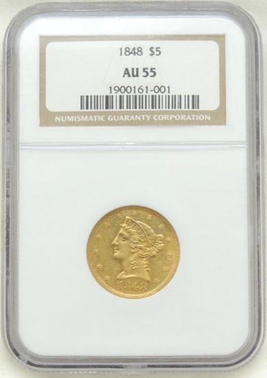 1848 Liberty Head $5.00 Gold Piece AU55