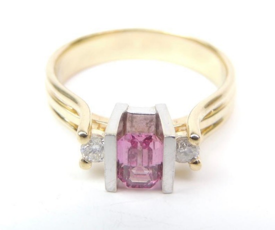 14K Yellow Gold Pink Sapphire and Diamond Ring