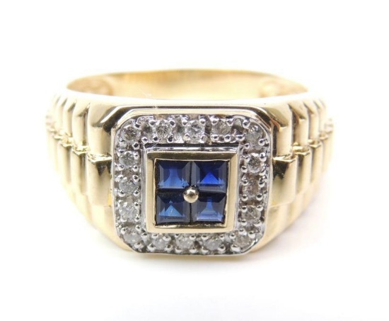 14K Yellow Gold Cluster Set Sapphire and Diamond Ring