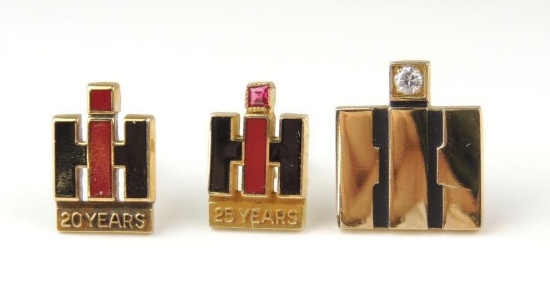Lot of 3 : 10K Yellow Gold International Harvester Service Pins - Diamond and Pink Sapphire