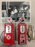 Lot of miniature sky chief gas pumps photograph and bottle