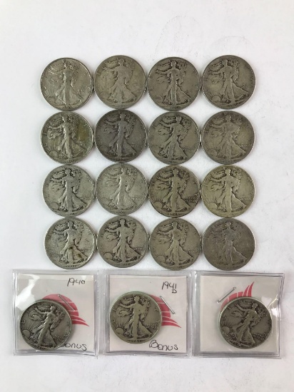 Lot of 19 walking liberty half dollars 1917 to 1943