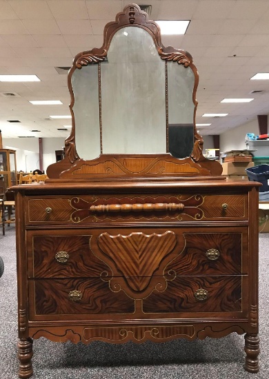 Heavily carved mahogany dresser with mirror 1940s
