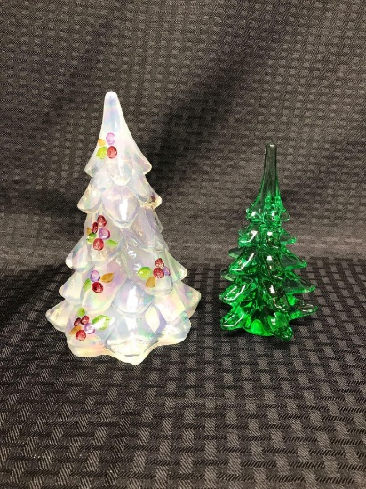 Lot of two Fenton handpainted glass Christmas trees