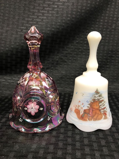 Lot of two Fenton handpainted glass Christmas bells
