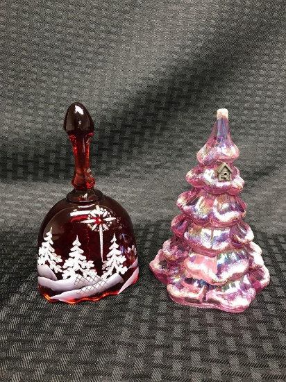 Lot of two fenton hand painted glass Christmas tree and Bell