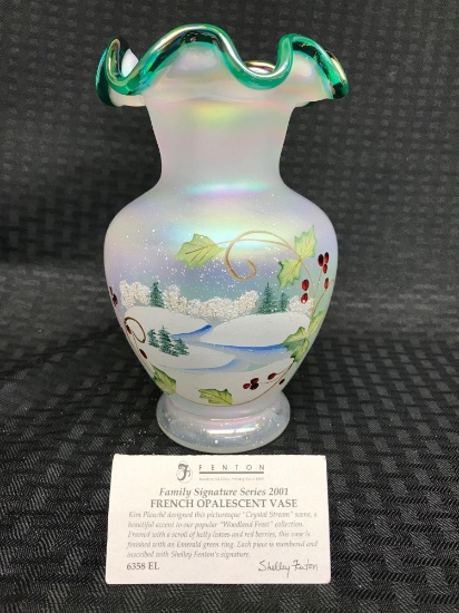 Fenton French opalescent vase winter scene