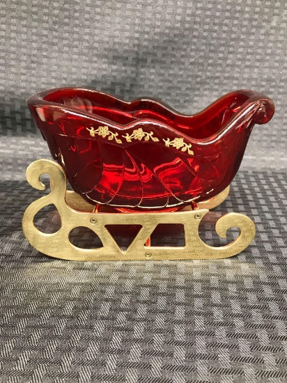 Lot of one Fenton ruby red hand painted glass sleigh