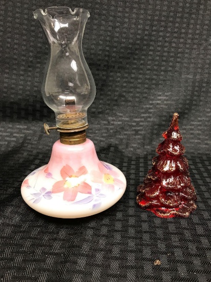 Lot of two Fenton handpainted glass Christmas tree and lamp