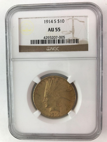 1914 S $10 Gold Indian NGC AU55