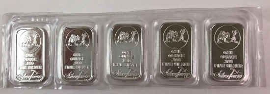 Group of 5, One Ounce .999 Fine Silver Bars
