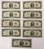 Group of nine series 1963 Red seal two dollar notes