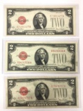 Group of three series 1928 G two dollar red seal notes