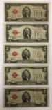 Group of five series 1928 two dollar red seal notes