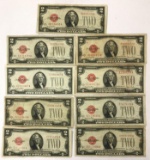 Group of nine 1928 Dash G 2 dollar red seal notes