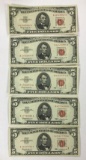 Group of five series 1963 five dollar red seal notes