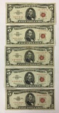 Group of 5 5 dollar red seal notes