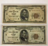 Group of two series 1929 five dollar federal reserve bank of Chicago note