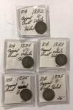 Group of five silver capped bust dimes