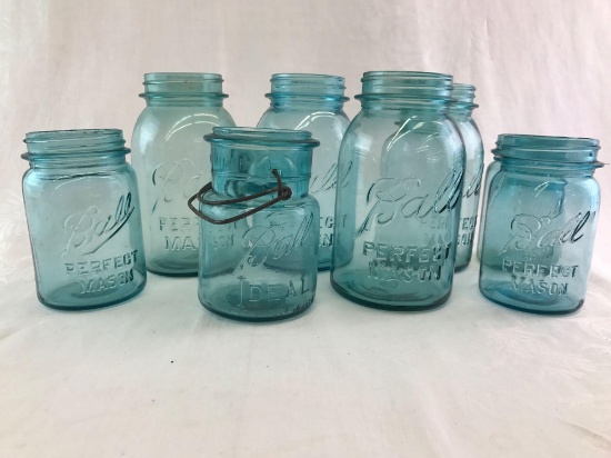 Group of 8 miscellaneous Aqua/Ball Blue Antique Canning Jars
