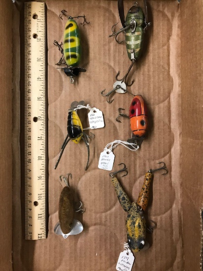 Box lot of six vintage Wooden fishing Lures