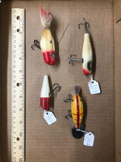 Box lot of four vintage wooden fishing Lures