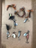 Box lot of vintage spinners and jigs