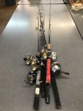 Lot of six used fishing rods and reels