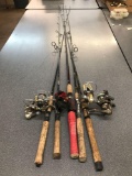 Lot of five fishing rods and reels