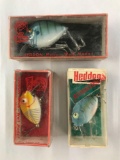 Box lot of three vintage heddon pumpkinseed Lures